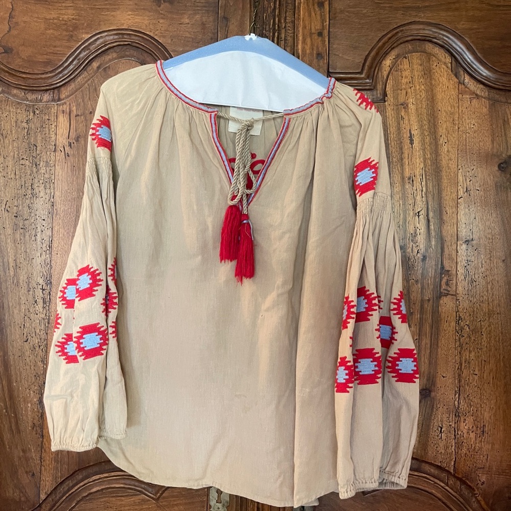 Gallabia Embroidered Tan Peasant Blouse XL